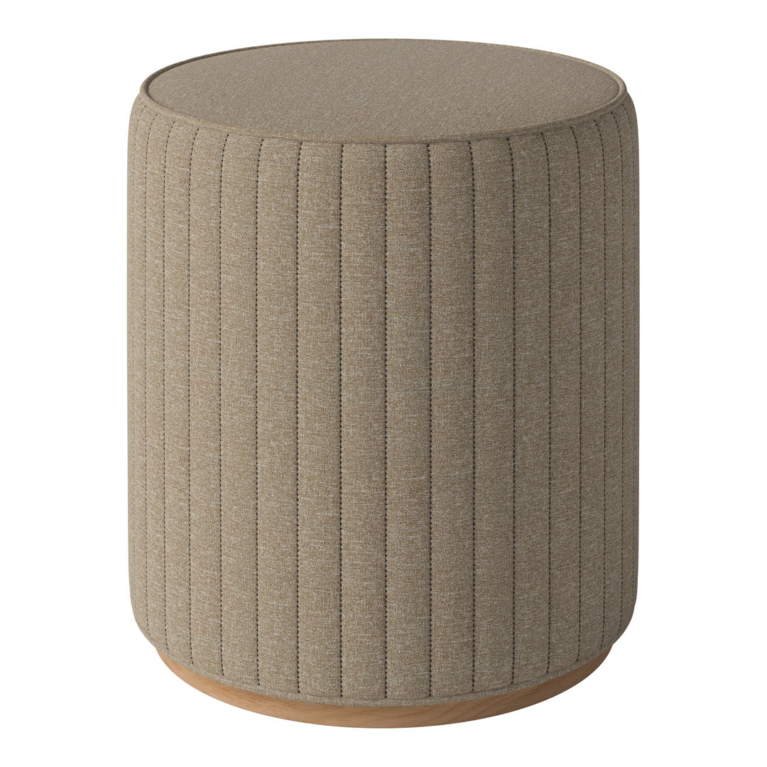 Beige ribbed fabric stool with a smooth wooden base, perfect for modern interiors.