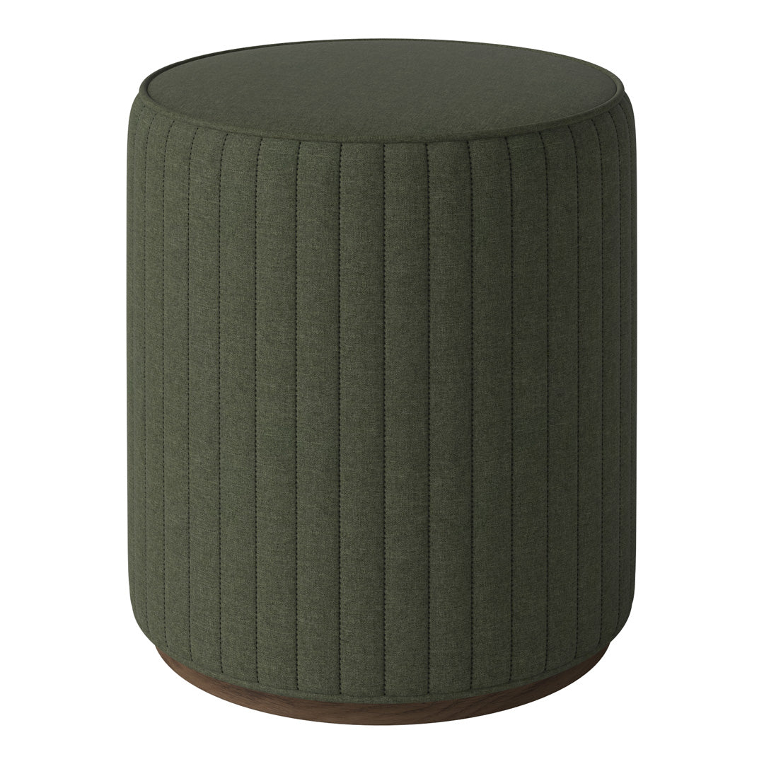 Green ribbed upholstered round stool with a smooth top and brown base. Ideal for modern home decor.