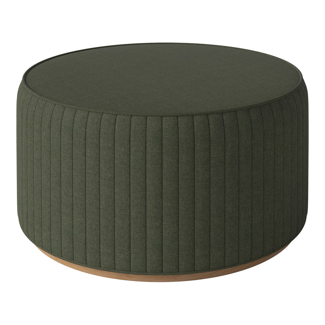 Green ribbed upholstered ottoman with a round wooden base, ideal for modern home decor.