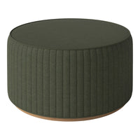 Green ribbed upholstered ottoman with a round wooden base, ideal for modern home decor.