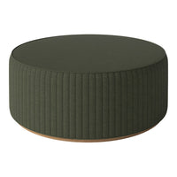 Round olive green ottoman with textured vertical ribbed pattern and wooden base. Perfect for stylish home decor.