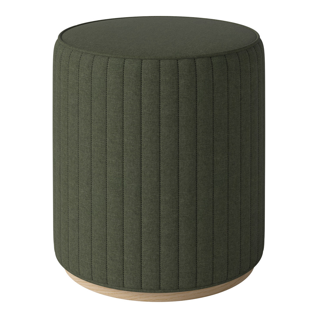 Green ribbed upholstery stool with a light wood base, featuring vertical patterns for a modern look.