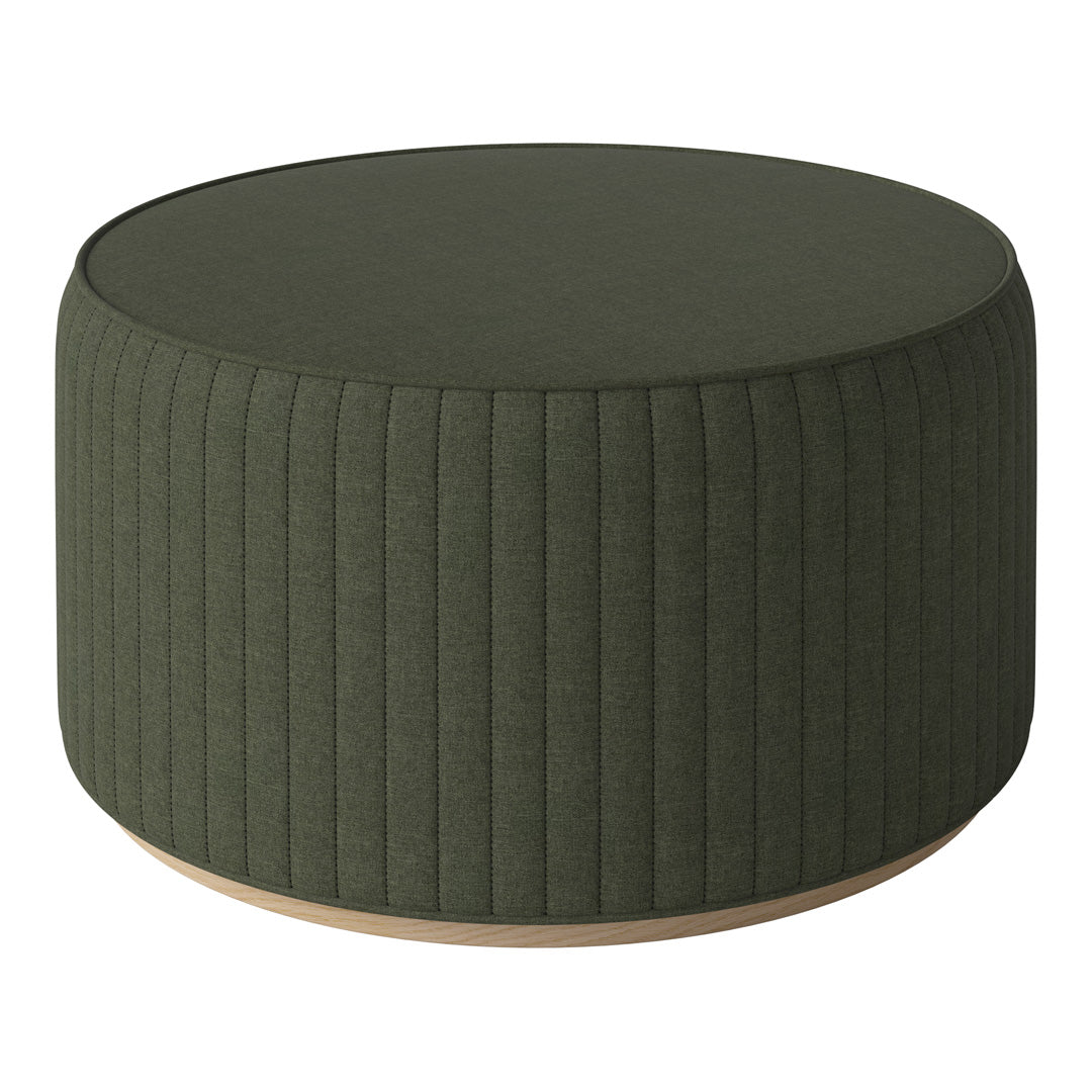 Green ribbed upholstered ottoman with a smooth wooden base, perfect for modern decor.