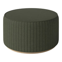 Green ribbed upholstered ottoman with a smooth wooden base, perfect for modern decor.
