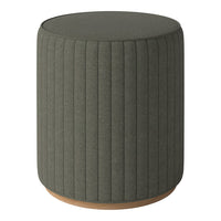 Green ribbed fabric ottoman with a natural wood base, featuring a modern cylindrical design.