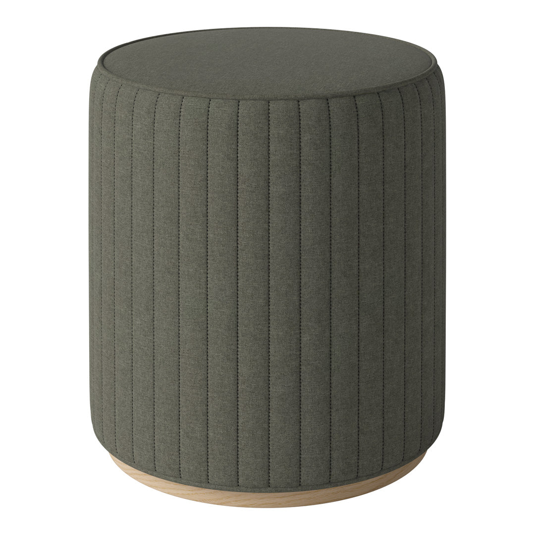 Green upholstered stool with vertical stripe pattern and light wooden base. Modern accent for any space.