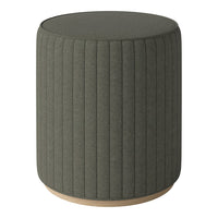 Green upholstered stool with vertical stripe pattern and light wooden base. Modern accent for any space.