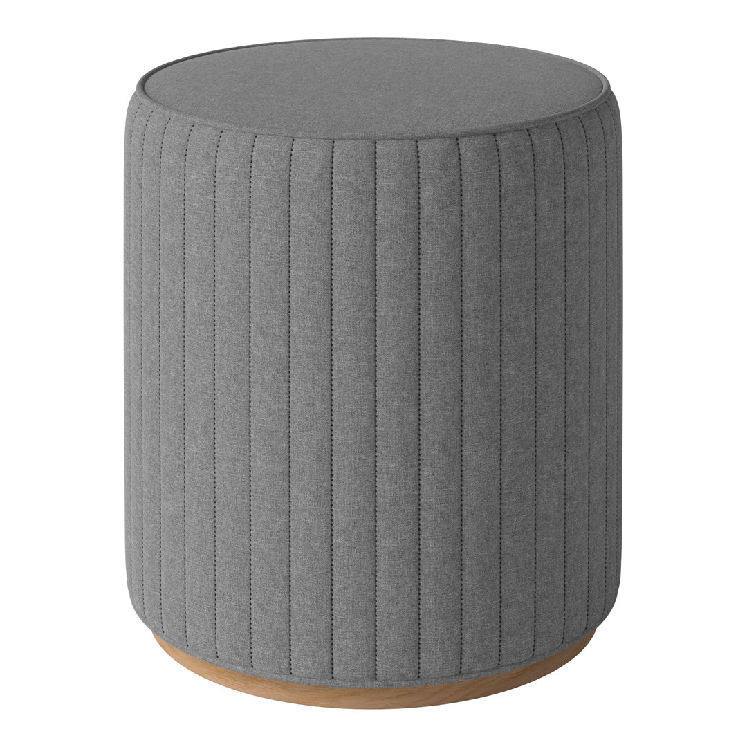 Gray fabric round stool with vertical ribbed pattern and a smooth wooden base. Perfect for modern decor.