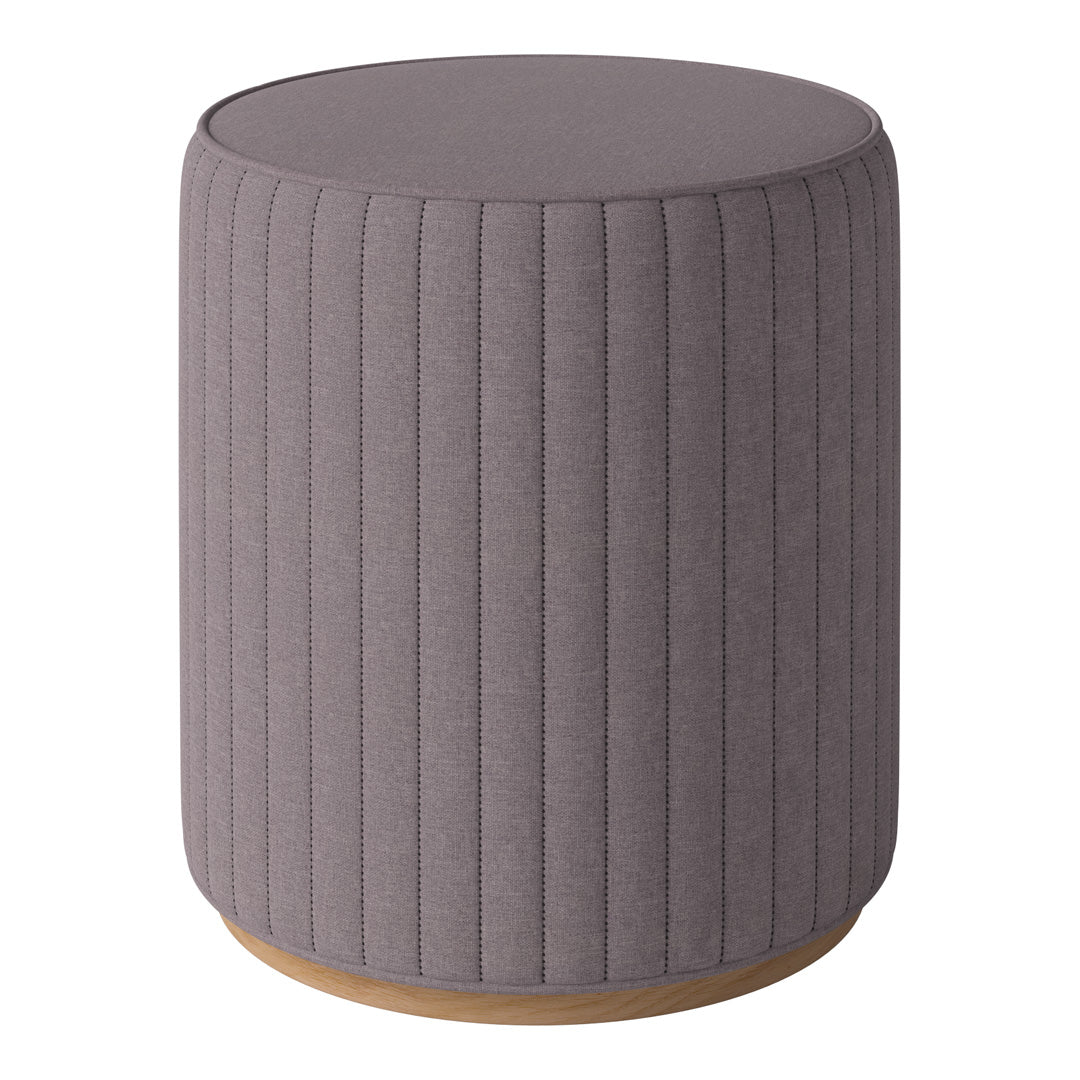Gray textured stool with vertical ribbed pattern and wooden base, ideal for modern decor.
