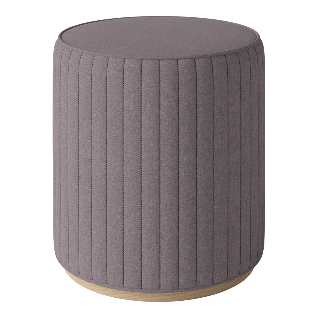 Gray ribbed upholstered stool with a wooden base. Modern design adds texture to any space.