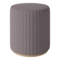 Gray ribbed upholstered stool with a wooden base. Modern design adds texture to any space.