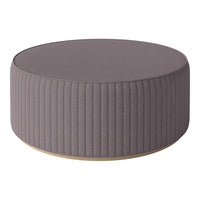 Round gray ottoman with vertical ribbed texture and a smooth wooden base, perfect for modern decor.