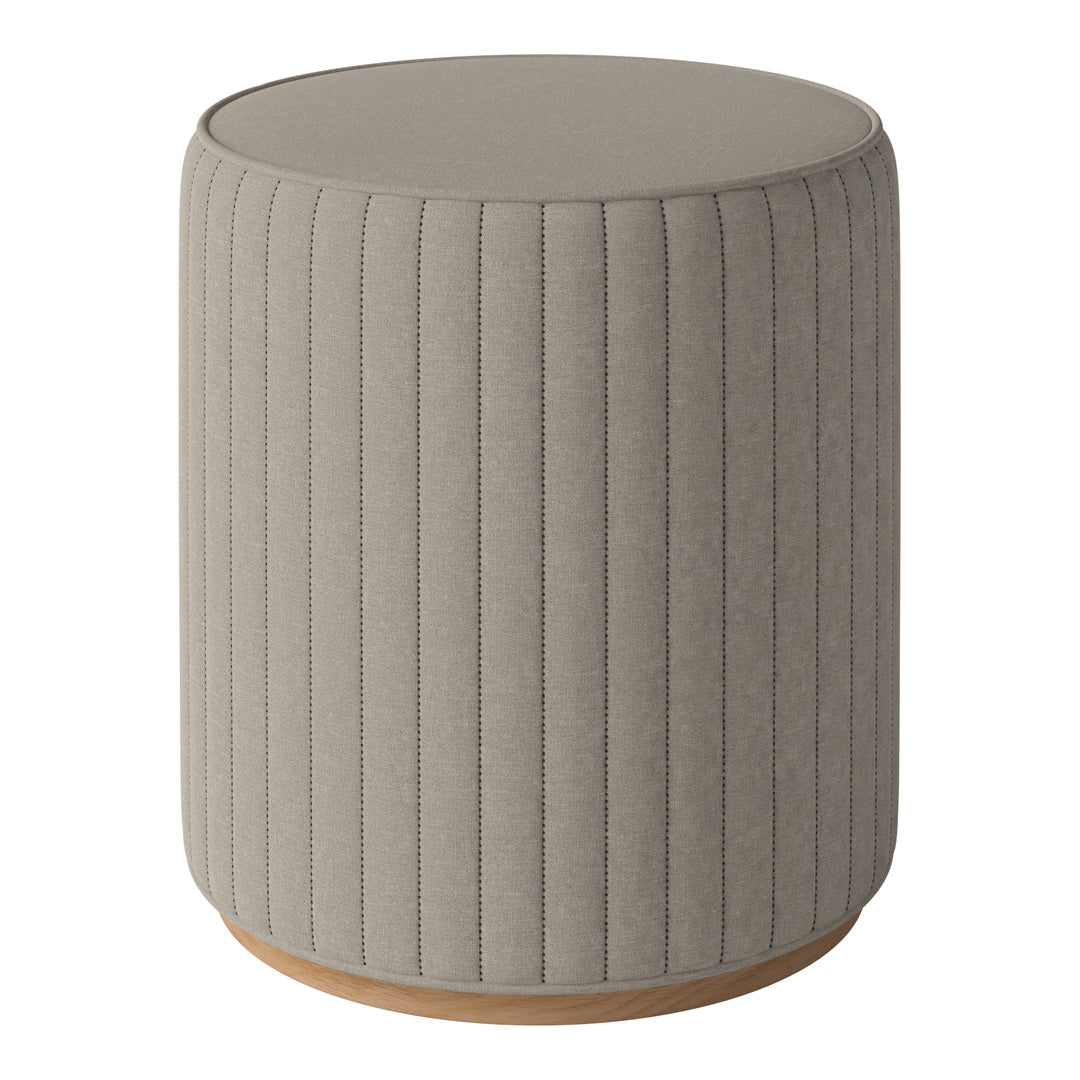 Light gray textured fabric stool with vertical ribbed pattern and a circular wooden base.