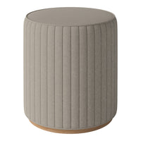 Light gray textured fabric stool with vertical ribbed pattern and a circular wooden base.