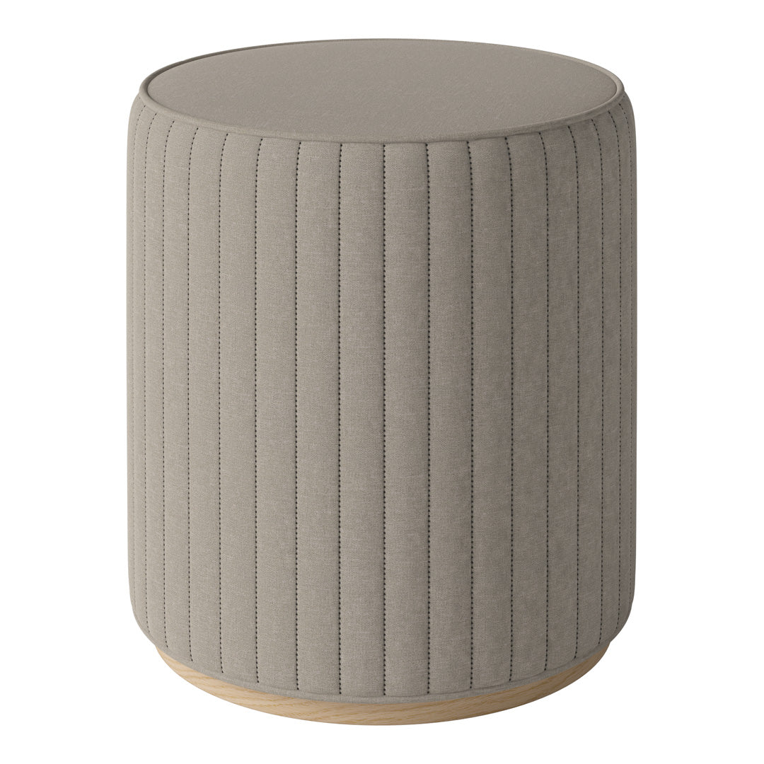 Beige ribbed fabric ottoman with a smooth top and light wood base, perfect for modern home decor.