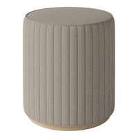 Beige ribbed fabric ottoman with a smooth top and light wood base, perfect for modern home decor.
