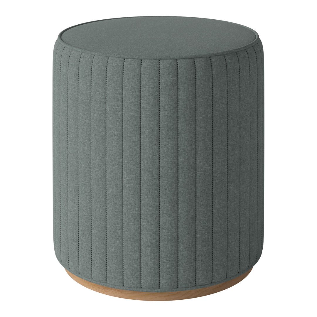 Gray ribbed fabric stool with a wooden base, featuring a cylindrical design perfect for modern decor.
