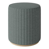 Gray ribbed fabric ottoman with a natural wood base, adding texture and elegance to any space.