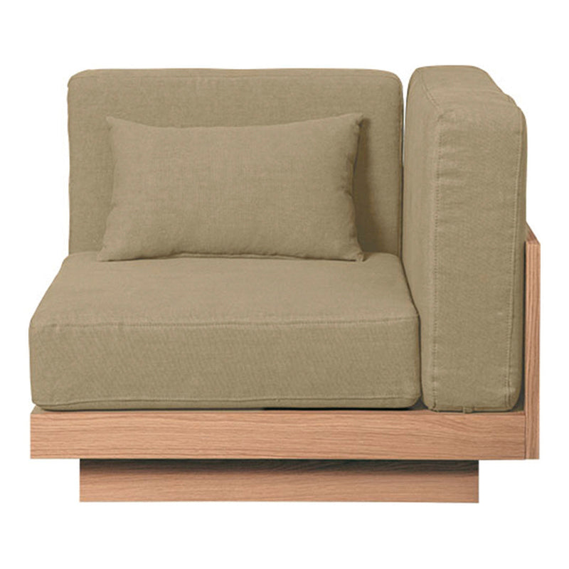 Olive green fabric sofa section with a plush back cushion, set on a light wood base. Modern, minimalistic design.