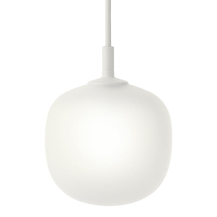White round pendant lamp with a smooth matte finish, suspended by a sleek white cable, perfect for modern decor.