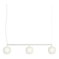 White pendant light with three frosted glass globes and a minimalist design. Ideal for modern decor.