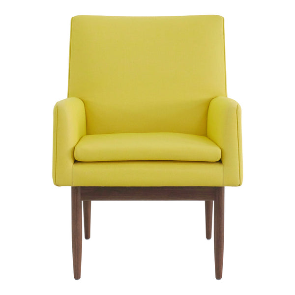 Bright yellow upholstered chair with a sleek design and wooden legs, perfect for modern decor.