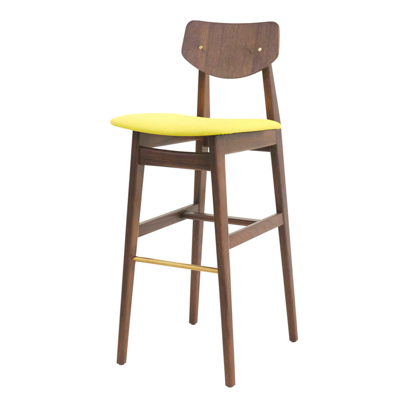 Wooden bar stool with a rich brown finish and a vibrant yellow cushion, featuring a simple, modern design.
