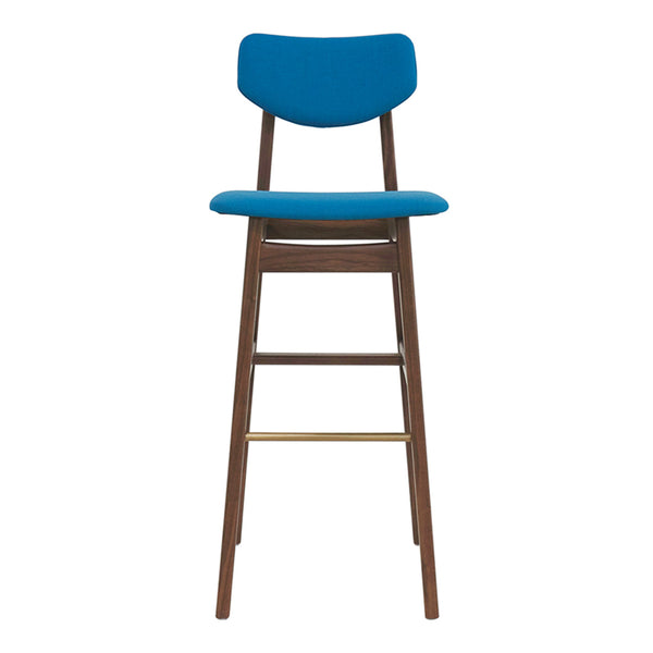 Blue upholstered bar stool with a wooden frame and sleek, modern design. Ideal for contemporary interiors.