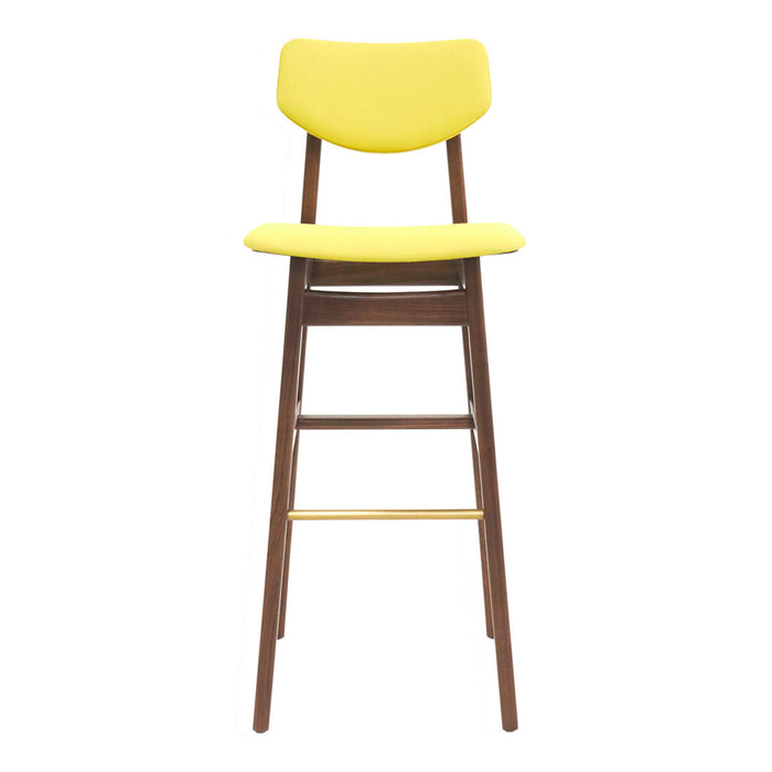 Yellow upholstered bar stool with a sleek wooden frame and simple design. Perfect for modern interiors.