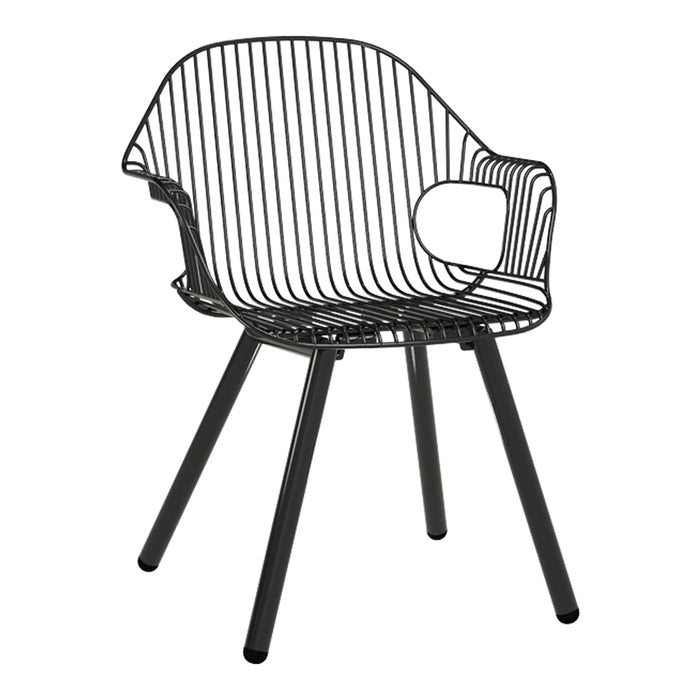 Black wire chair with sleek lines and modern design, featuring an open back and minimalist legs.