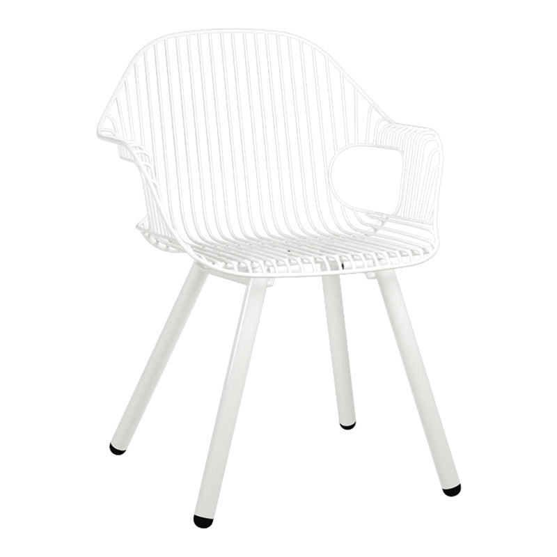 White, striped chair with smooth, minimalist design and sleek, modern legs. Ideal for contemporary decor.