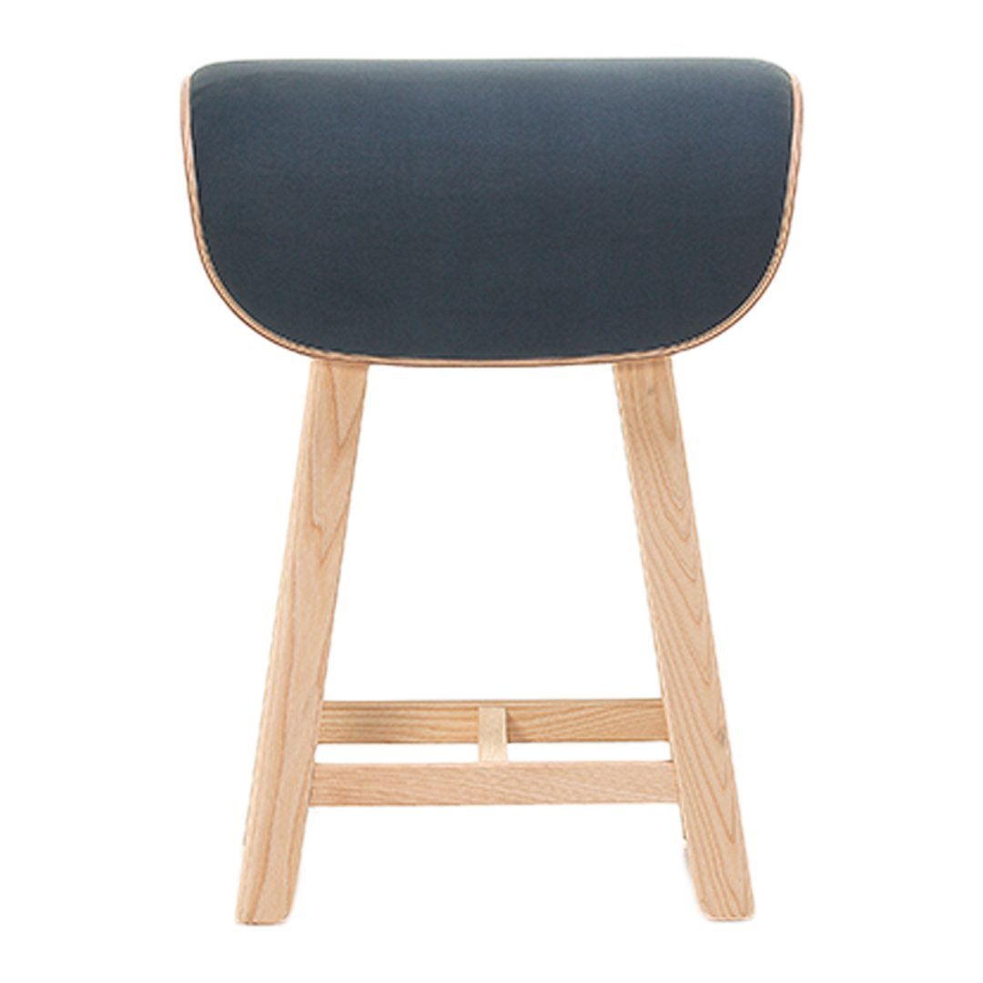 Blue upholstered stool with a smooth, curved back and natural wood legs, perfect for modern decor.