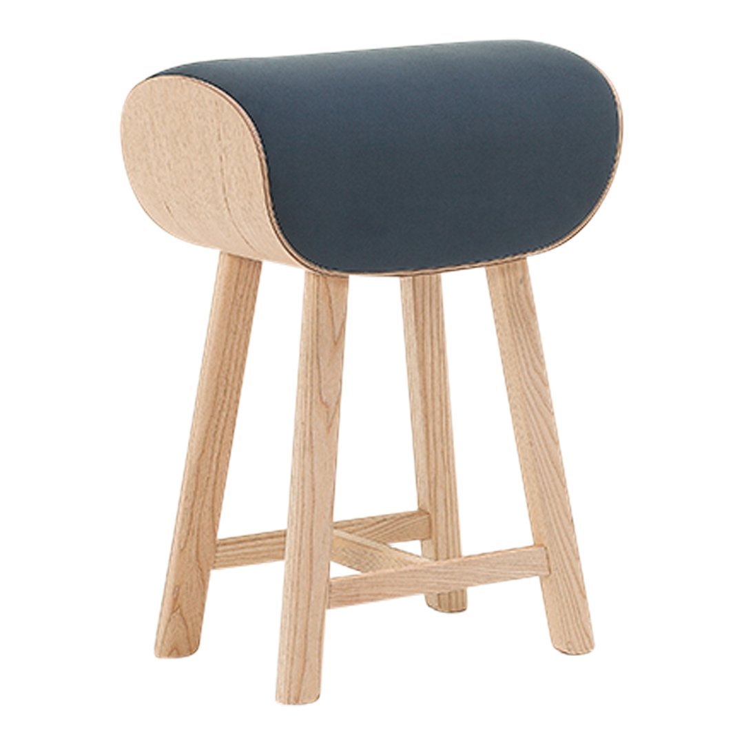 Navy blue upholstered stool with a smooth rounded top and light wooden legs, showcasing a minimalist design.