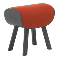 "Orange cushioned stool with gray legs and rounded edges, featuring a modern and minimalist design."
