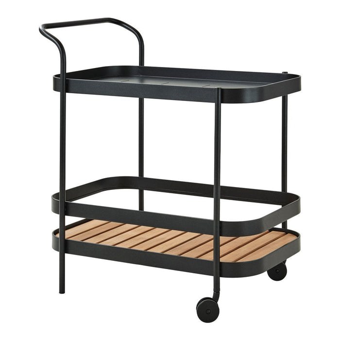 Black metal cart with sleek lines and a wooden slatted shelf, featuring a modern minimalist design.
