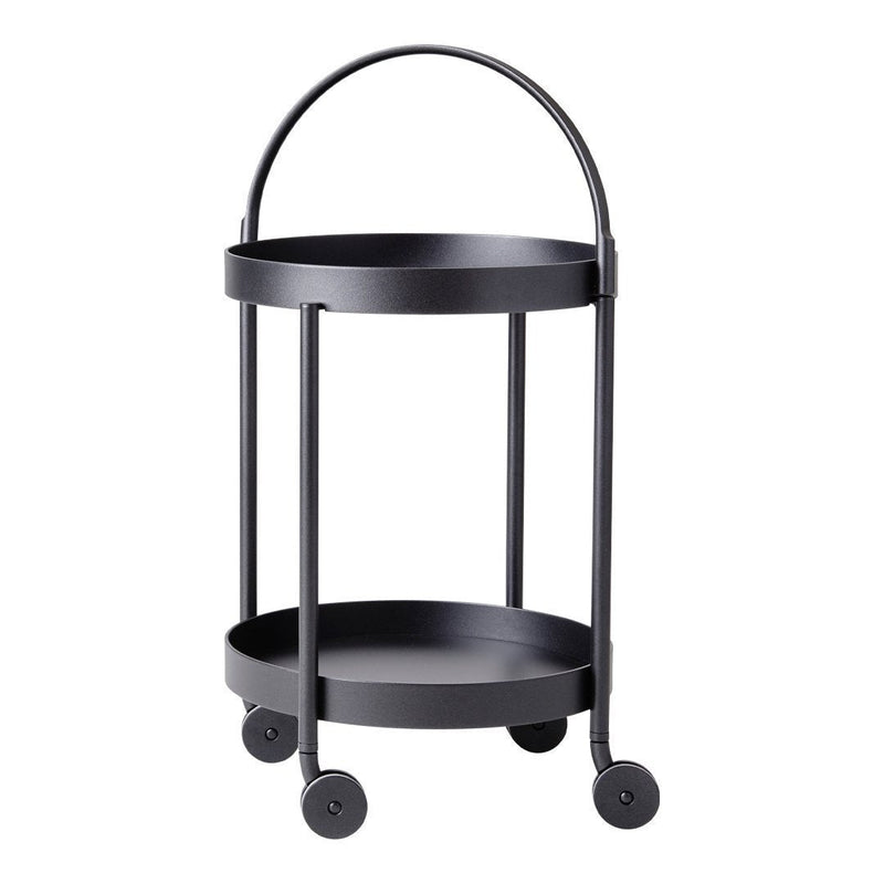 "Black metal rolling cart with two circular trays and sleek, minimalist design."