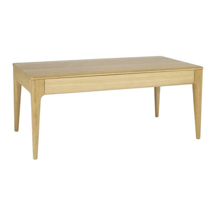Light oak coffee table with a smooth finish and minimalist design, featuring tapered legs and a natural wood grain pattern.
