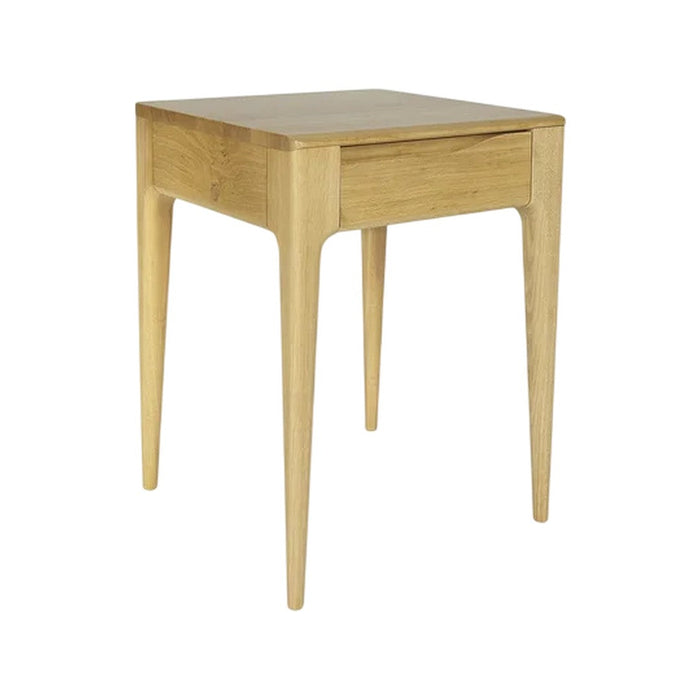 Light wooden nightstand with a simple design, featuring natural oak color and smooth surface. Perfect for minimalist decor.