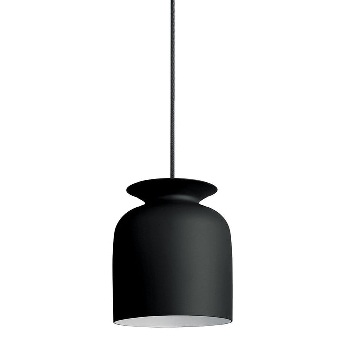 Sleek black pendant lamp with a smooth, matte finish and contrasting white interior. Ideal for modern decor.