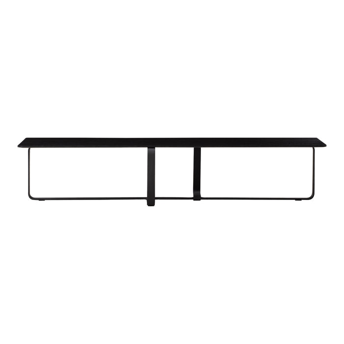 Sleek black metal bench with a minimalist design and straight lines, perfect for modern decor.
