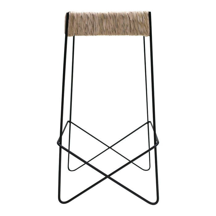 Black metal stool with a natural woven seat, minimalistic design and open frame pattern. Ideal for modern decor.