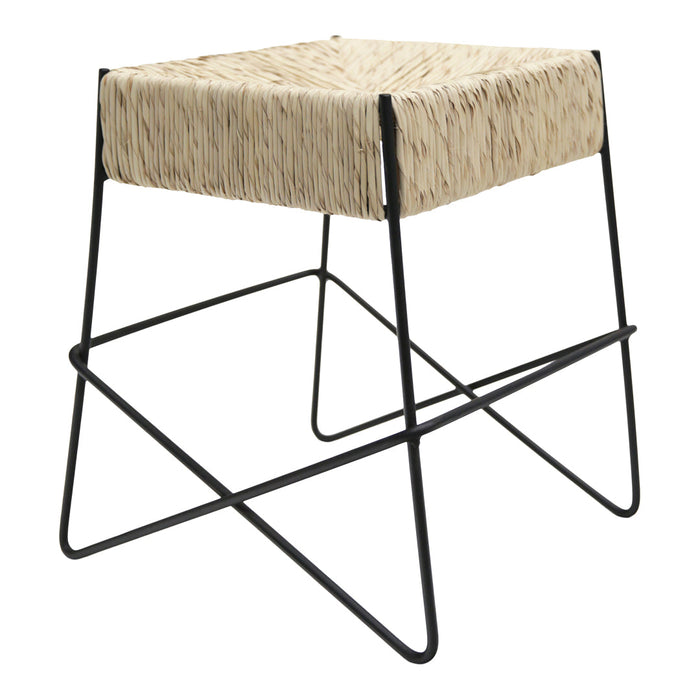 Square stool with a textured beige seat and sleek black metal legs, featuring a minimalist design.
