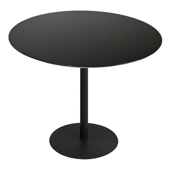 Round black dining table with a sleek matte finish and a modern pedestal base. Perfect for minimalistic decor.