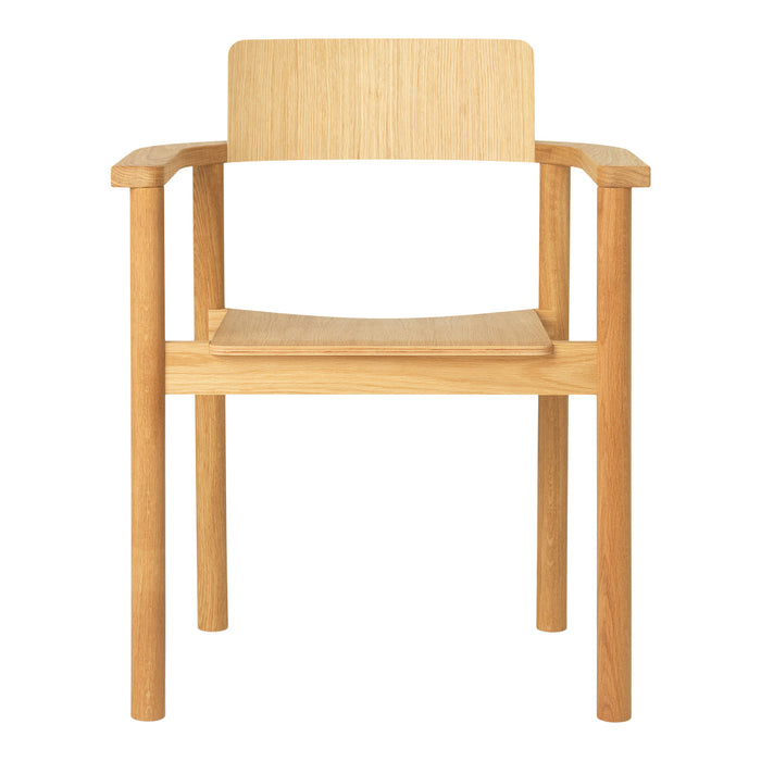 Natural wood armchair with light oak finish and simple, sleek design. Perfect for modern decor.