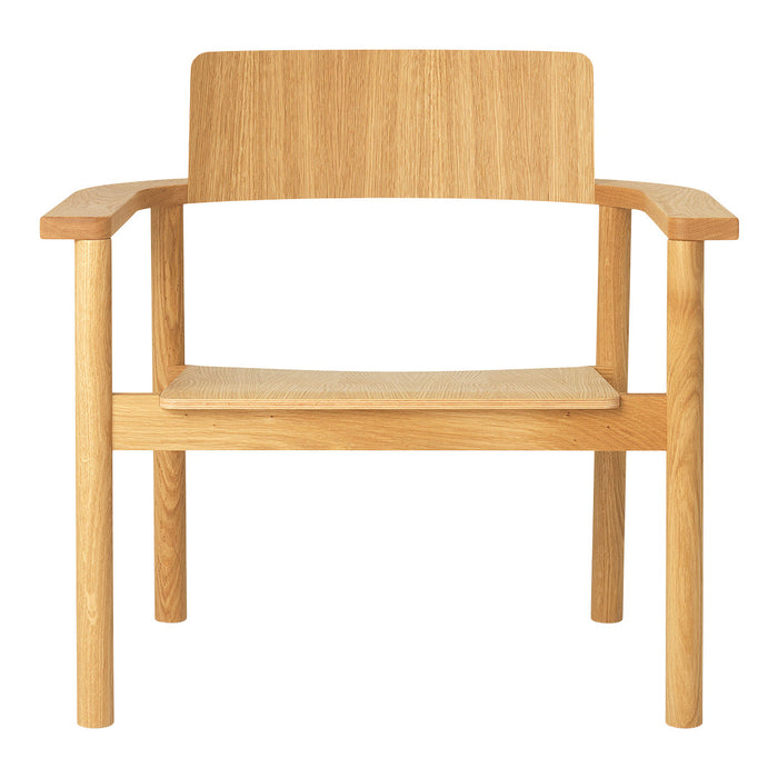 Light natural wood armchair with a minimalist design featuring smooth surfaces and straight lines, showcasing a simple elegance.