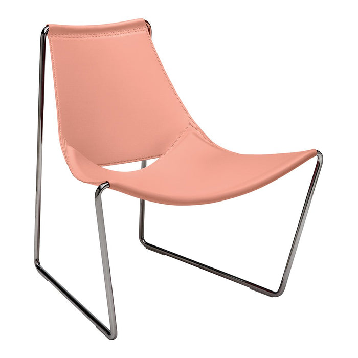 Pink modern chair with sleek chrome frame, featuring a minimalist design and smooth, curved lines.