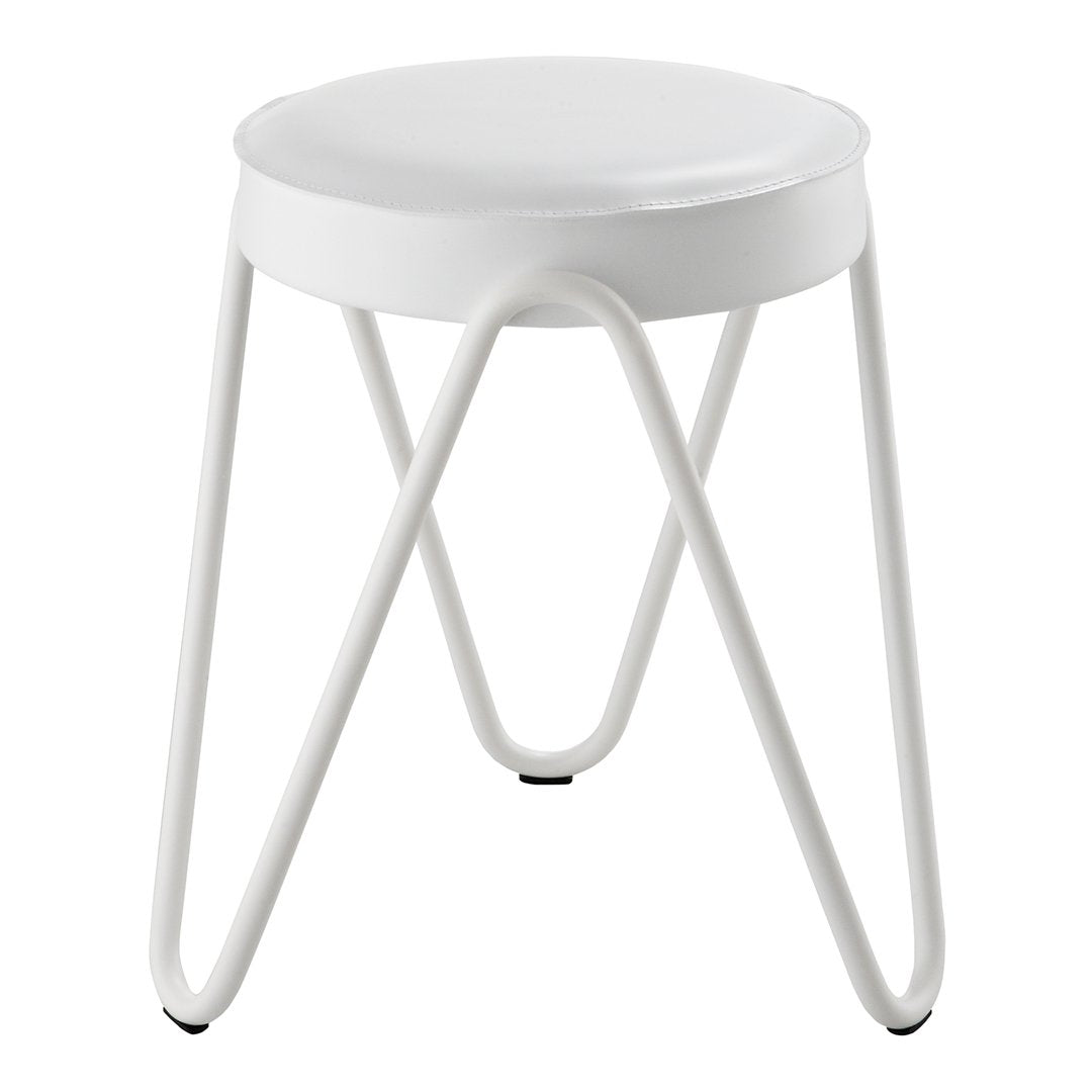 White metal stool with a smooth circular seat and minimalist wire legs, featuring a sleek, modern design.