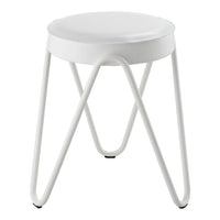 White metal stool with a smooth circular seat and minimalist wire legs, featuring a sleek, modern design.