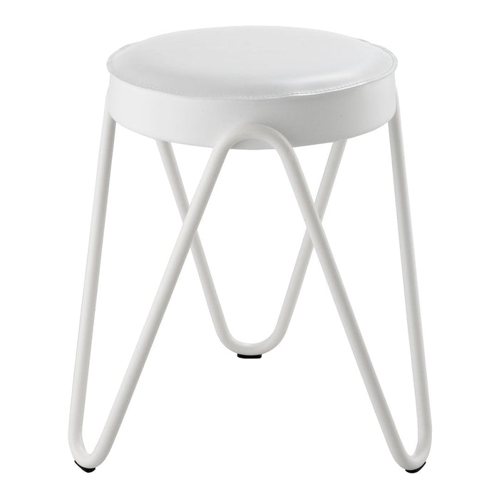 White metal stool with a smooth circular seat and minimalist wire legs, featuring a sleek, modern design.