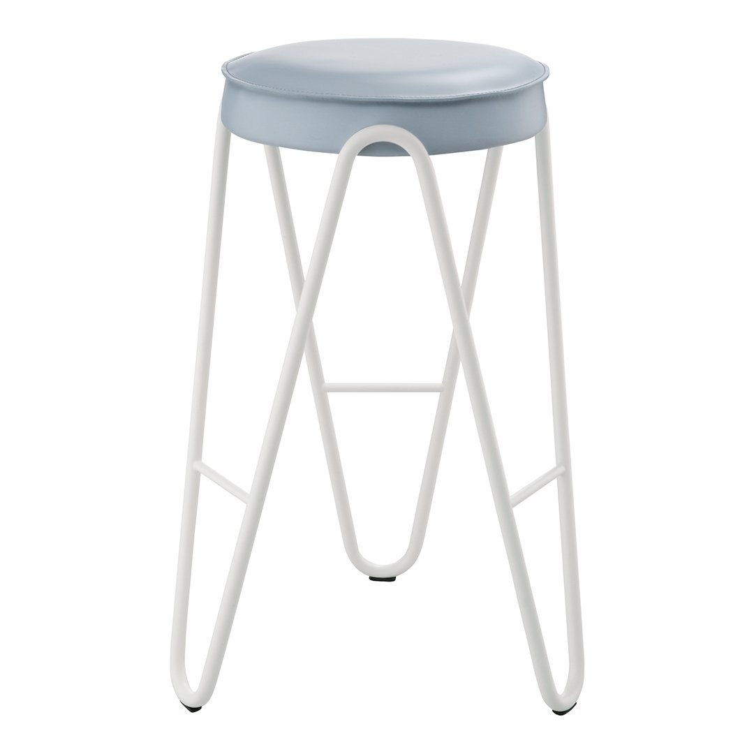 Light blue round seat with a white metal frame, featuring a sleek, minimalist design and modern aesthetic.